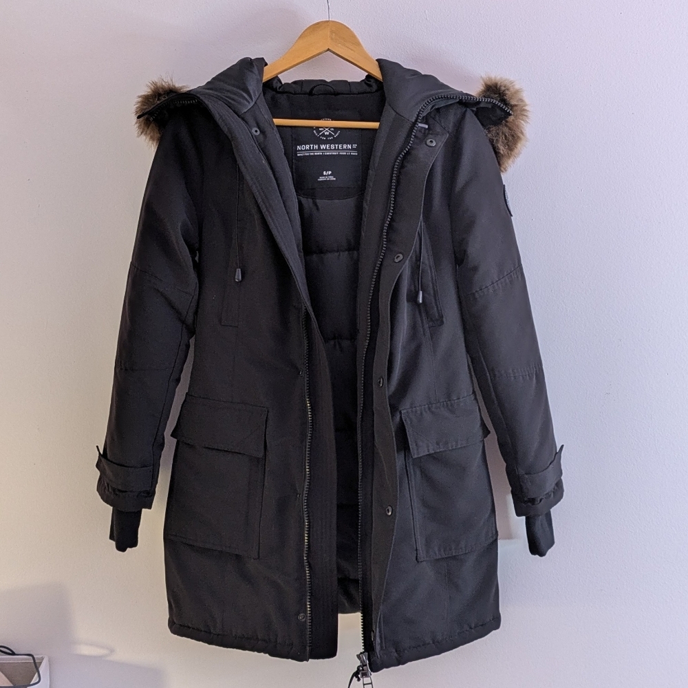North Western S Black Women's Fur Hood Parka  Coat Warm Puffer Winter Cold